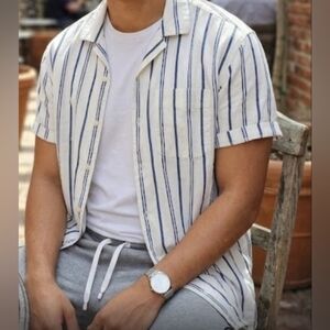 American Eagle Men's Casual Striped Shirt - Navy and White